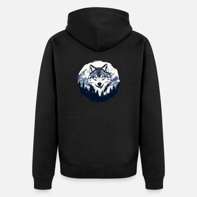 Loup dans la forêt de montagne - Veste à capuche bio Premium Unisexe - noir