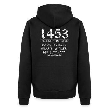 1453 Fatih Sultan Mehmet Zitat - Unisex Premium Bio Zip Hoodie - Schwarz - Hinten - Nico (187cm)