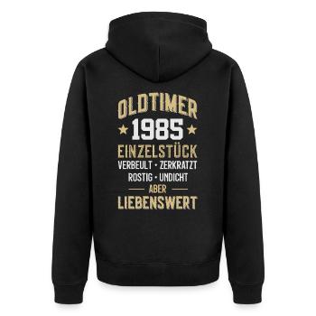 LUSTIG 41. GEBURTSTAG OLDTIMER 1985 EINZELSTÜCK - Unisex Premium Bio Zip Hoodie - Schwarz - Hinten - Nico (187cm)