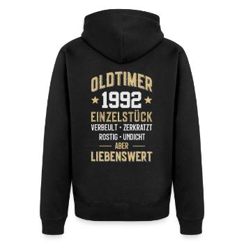 LUSTIG 34. GEBURTSTAG OLDTIMER 1992 EINZELSTÜCK - Unisex Premium Bio Zip Hoodie - Schwarz - Hinten - Nico (187cm)