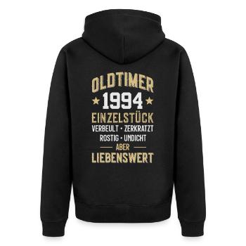 LUSTIG 32. GEBURTSTAG OLDTIMER 1994 EINZELSTÜCK - Unisex Premium Bio Zip Hoodie - Schwarz - Hinten - Nico (187cm)