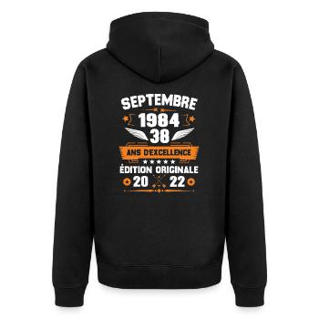 Septembre 1984 Idée cadeau d'anniversaire 38 ans - Veste à capuche bio Premium Unisexe - noir - Dos - Nico (187cm)
