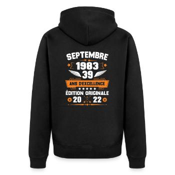 Septembre 1983 Idée cadeau d'anniversaire 39 ans - Veste à capuche bio Premium Unisexe - noir - Dos - Nico (187cm)