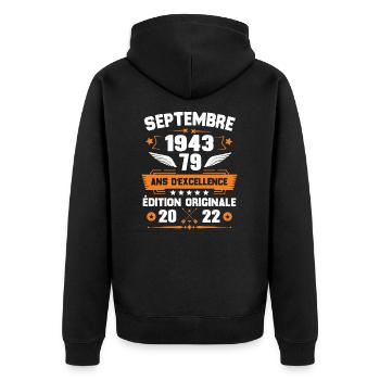 Septembre 1943 Idée cadeau d'anniversaire 79 ans - Veste à capuche bio Premium Unisexe - noir - Dos - Nico (187cm)