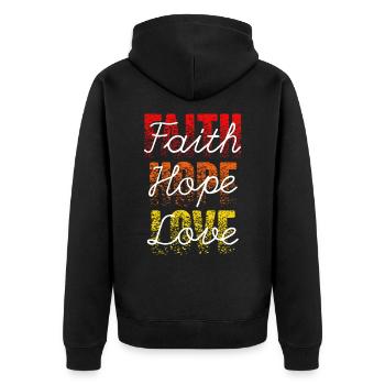 Faith Hope Love Urban streetwear schriftzug - Unisex Premium Bio Zip Hoodie - Schwarz - Hinten - Nico (187cm)