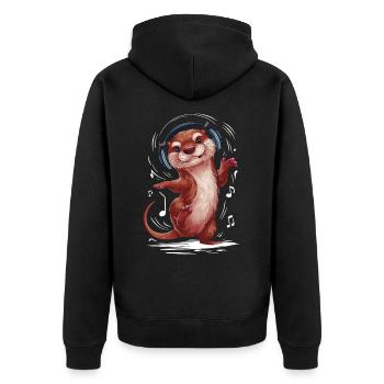 Cooler Otter trägt stylische Kopfhörer für einen - Unisex Premium Bio Zip Hoodie - Schwarz - Hinten - Nico (187cm)
