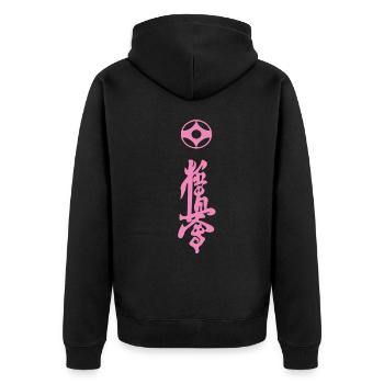 Kyokushin Kanji Design in rosa - Unisex Premium Bio Zip Hoodie - Schwarz - Hinten - Nico (187cm)