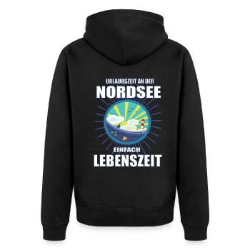 Urlaubszeit an der Nordsee, einfach Lebenszeit - Unisex Premium Bio Zip Hoodie - Schwarz - Hinten - Nico (187cm)
