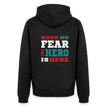 Have no Fear the Hero is here - top Helden Design - Unisex Premium Organic Zip Hoodie - black - Back - Nico (187cm)