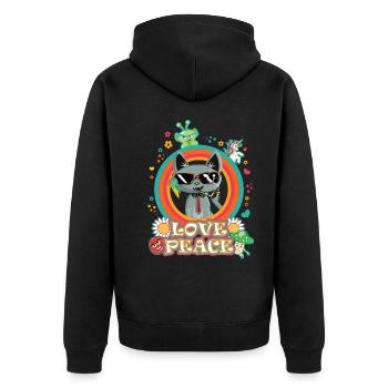 Love and Peace Katze - cooles Hippie Design - Unisex Premium Bio Zip Hoodie - Schwarz - Hinten - Nico (187cm)