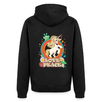 Love and Peace Einhorn - Flowerpower Hippie Design - Unisex Premium Bio Zip Hoodie - Schwarz - Hinten - Nico (187cm)