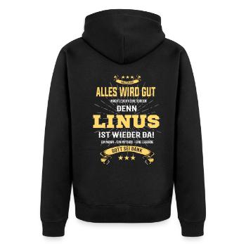 alles wird gut denn Linus Ist da T-Shirt - Unisex Premium Bio Zip Hoodie - Schwarz - Hinten - Nico (187cm)
