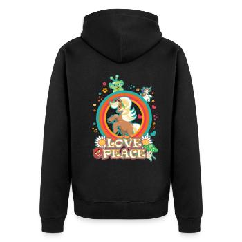 Love and peace Haflinger, Flowerpower Pferd - Unisex Premium Bio Zip Hoodie - Schwarz - Hinten - Nico (187cm)