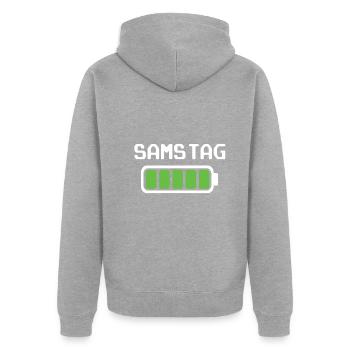 Samstag Akku voll geladen - Akkustand - Unisex Premium Bio Zip Hoodie - Grau meliert - Hinten - Nico (187cm)