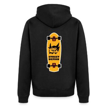 Skater Design mit dem Straßen Dämon - Unisex Premium Bio Zip Hoodie - Schwarz - Hinten - Nico (187cm)