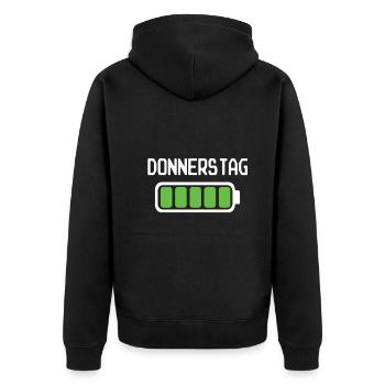 Donnerstag Akku voll geladen - Akkustand - Unisex Premium Bio Zip Hoodie - Schwarz - Hinten - Nico (187cm)