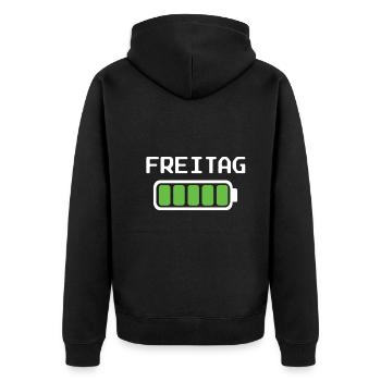 Freitag Akku voll geladen - Akkustand - Unisex Premium Bio Zip Hoodie - Schwarz - Hinten - Nico (187cm)