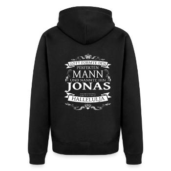 Jonas der perfekte Mann von Gott geformt Design - Unisex Premium Bio Zip Hoodie - Schwarz - Hinten - Nico (187cm)