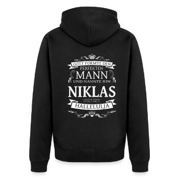 Niklas der perfekte Mann von Gott geformt Design - Unisex Premium Bio Zip Hoodie - Schwarz - Hinten - Nico (187cm)