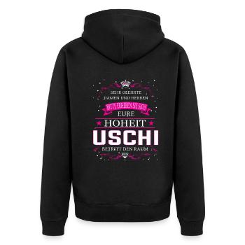 Eure Hoheit Uschi betritt den Raum - Unisex Premium Bio Zip Hoodie - Schwarz - Hinten - Nico (187cm)