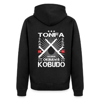 Tonfa Kobudo: Die Kunst von Okinawa - Unisex Premium Bio Zip Hoodie - Schwarz - Hinten - Nico (187cm)
