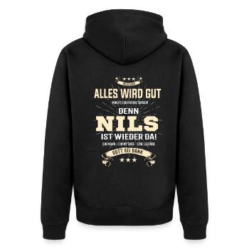 Alles wird gut denn Nils Ist da T-Shirt - Unisex Premium Bio Zip Hoodie - Schwarz - Hinten - Nico (187cm)