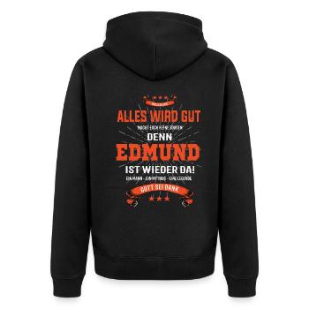 Alles wird gut denn Edmund Ist da Outfit - Unisex Premium Bio Zip Hoodie - Schwarz - Hinten - Nico (187cm)