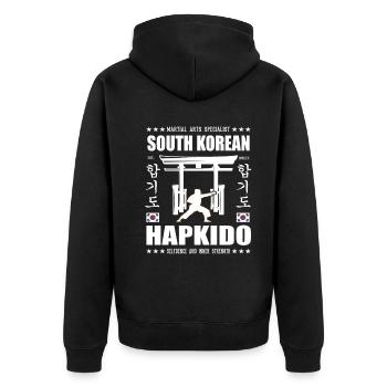 cooles Hapkido Kampfsport Design mit Kanji - Unisex Premium Bio Zip Hoodie - Schwarz - Hinten - Nico (187cm)