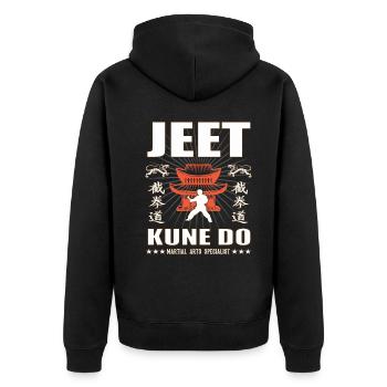 cooles Jeet-Kune-do Kampfsport Design mit Kanji - Unisex Premium Bio Zip Hoodie - Schwarz - Hinten - Nico (187cm)