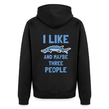 Ich mag Störe und vielleicht drei Menschen - Unisex Premium Bio Zip Hoodie - Schwarz - Hinten - Nico (187cm)
