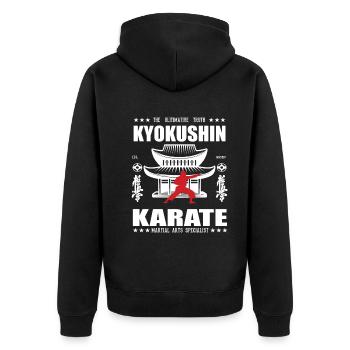 coole Kyokushin Kampfsport Design mit Kanji - Unisex Premium Bio Zip Hoodie - Schwarz - Hinten - Nico (187cm)