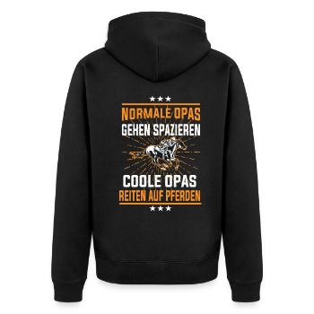 Coole Opas gehen reiten, Reitsport Opi Design - Unisex Premium Bio Zip Hoodie - Schwarz - Hinten - Nico (187cm)
