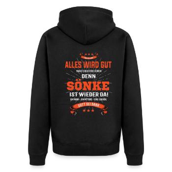 Alles wird gut denn Sönke Ist da Outfit - Unisex Premium Bio Zip Hoodie - Schwarz - Hinten - Nico (187cm)