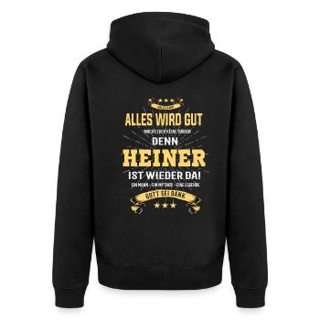 Alles wird gut denn Heiner Ist da Outfit - Unisex Premium Bio Zip Hoodie - Schwarz - Hinten - Nico (187cm)