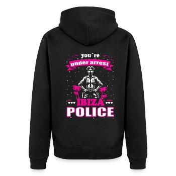 Lustiges Ibiza Polizei Urlaubs - Balearen Insel - Unisex Premium Bio Zip Hoodie - Schwarz - Hinten - Nico (187cm)