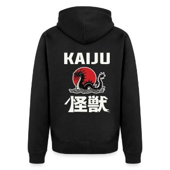 Kaiju Design mit Kanji und Seeungeheuer – Für Mons - Unisex Premium Bio Zip Hoodie - Schwarz - Hinten - Nico (187cm)