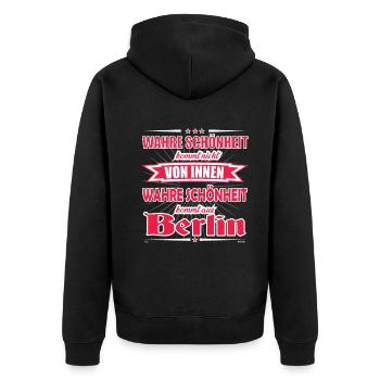 Wahre Schönheit kommt aus Berlin Design - Unisex Premium Bio Zip Hoodie - Schwarz - Hinten - Nico (187cm)