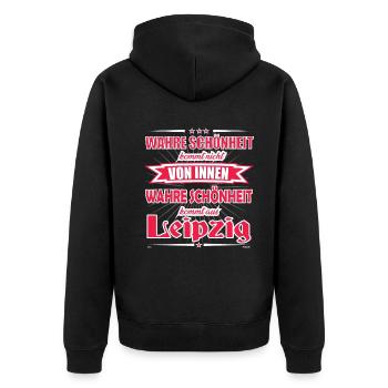 Wahre Schönheit kommt aus Leipzig Design - Unisex Premium Bio Zip Hoodie - Schwarz - Hinten - Nico (187cm)