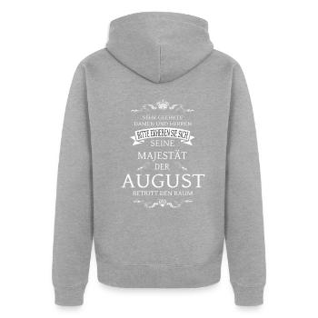Seine Majestät der August betritt den Raum - Unisex Premium Bio Zip Hoodie - Grau meliert - Hinten - Nico (187cm)