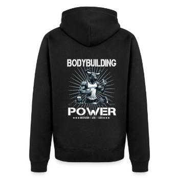 Bodybuilding Power – So stark wie ein Stier - Unisex Premium Bio Zip Hoodie - Schwarz - Hinten - Nico (187cm)