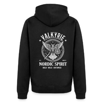Cooles Walküren Design - Nordic Spirit - Unisex Premium Bio Zip Hoodie - Schwarz - Hinten - Nico (187cm)