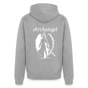 Archange - Combattant céleste - Veste à capuche bio Premium Unisexe - gris chiné - Dos - Nico (187cm)