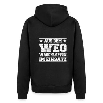Out of the Way Washcloth in Insert Design - Unisex Premium Organic Zip Hoodie - black - Back - Nico (187cm)