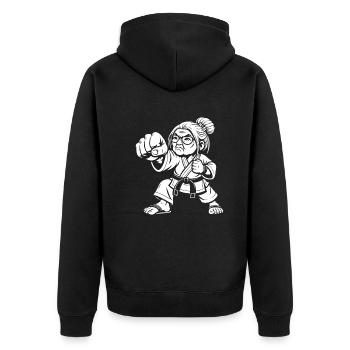 Grandma Martial Artist – The Wisdom of Strength - Unisex Premium Organic Zip Hoodie - black - Back - Nico (187cm)