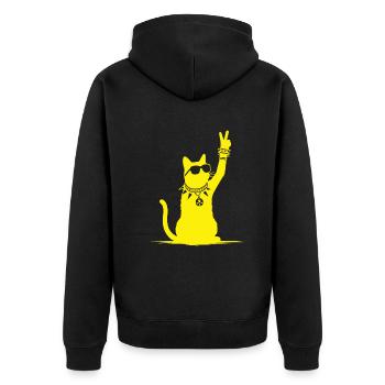 Gelbe Rocker Katze – Cooles Design für Musikfans - Unisex Premium Bio Zip Hoodie - Schwarz - Hinten - Nico (187cm)