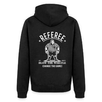 Referee – Blow the Whistle, Change the Game! - Unisex Premium Bio Zip Hoodie - Schwarz - Hinten - Nico (187cm)