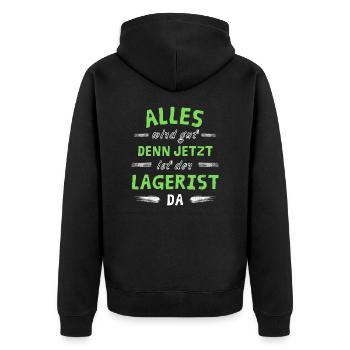 Alles wird gut denn jetzt ist der Lagerist da - Unisex Premium Bio Zip Hoodie - Schwarz - Hinten - Nico (187cm)