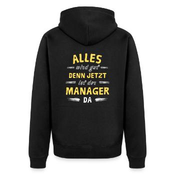 Alles wird gut denn jetzt ist der Manager da - Unisex Premium Bio Zip Hoodie - Schwarz - Hinten - Nico (187cm)