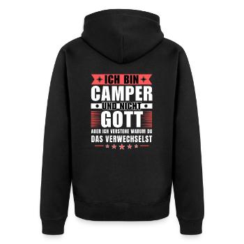 Ich bin Camper und nicht Gott - Unisex Premium Bio Zip Hoodie - Schwarz - Hinten - Nico (187cm)