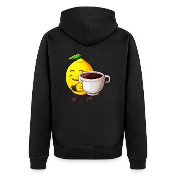 Zitrus-Kaffeezeit: Kawaii Zitrone genießt den - Unisex Premium Bio Zip Hoodie - Schwarz - Hinten - Nico (187cm)